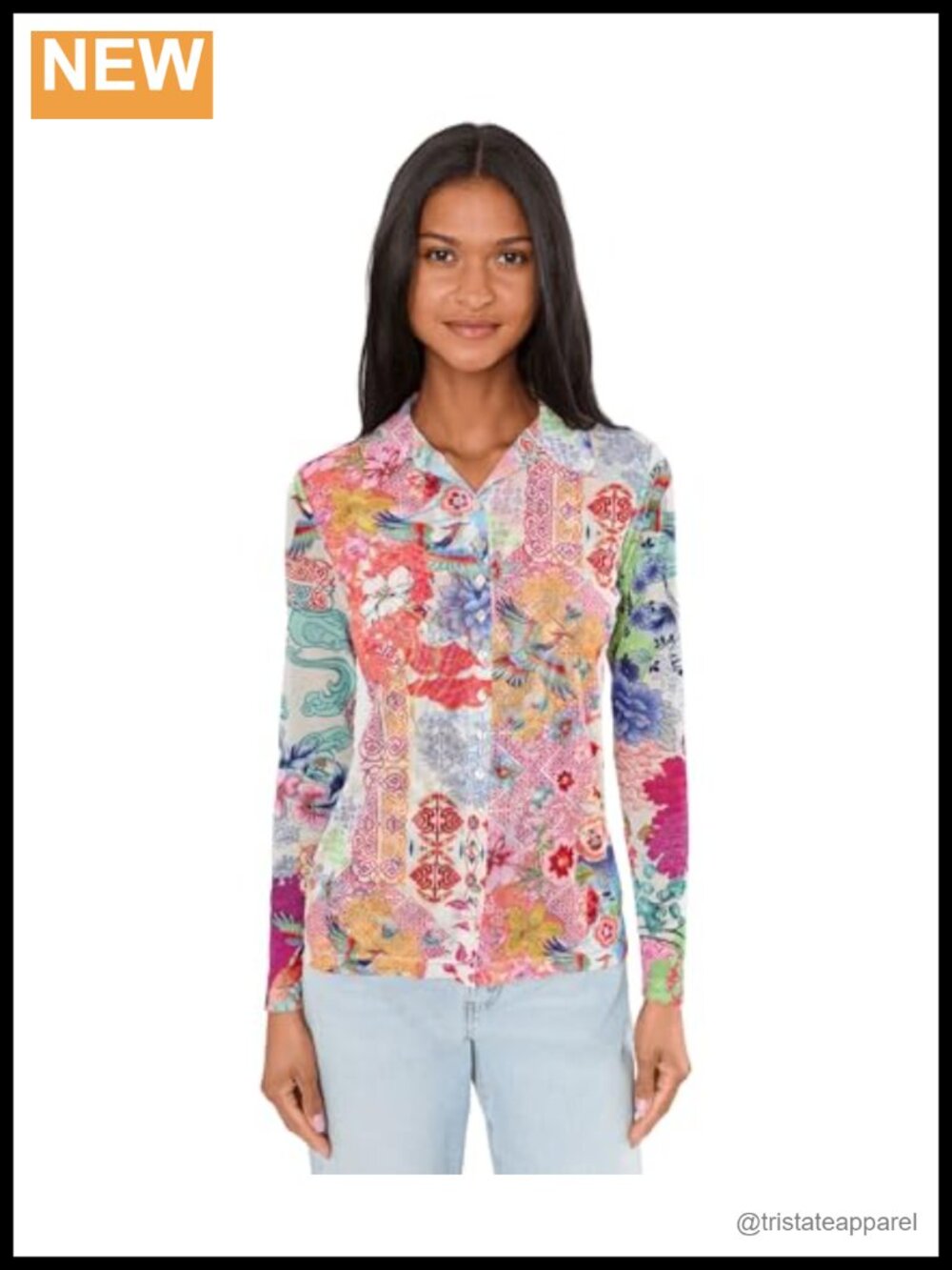 Sheer Mesh Button Front Blouse Floral Print Polyester Spandex Long Sleeve